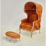 1930s hall porter's upholstered chair and ottoman, chair approximately 53" H x 24" W x 26" D,