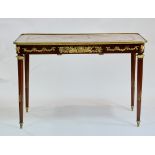 19th century French library desk, having brown tooled leather top, hardwood banding, floral and