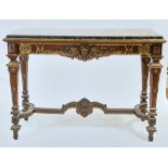 19th century French carved walnut foyer table, having dark green marble top, 36 1/2" H x 53" x 26".