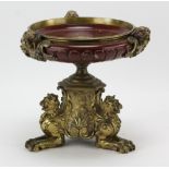 19th century French bronze center bowl having carved fluted burgundy marble center, 9" x 9".