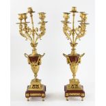 Pair of 19th century French candelabra, bronze ormolu mounts with burgundy marble bases, 25" H x