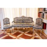 Louis XV white-painted and giltwood salon suite with needlepoint upholstery, including: sofa, 40"