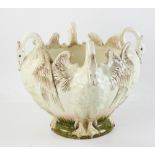 Delphin Massier Vallauris glazed porcelain swan jardiniere, 12" x 16".