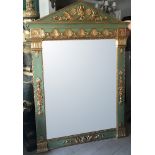 French neoclassical style mirror, green-painted, with fine quality carved giltwood, 78 1/2" H x