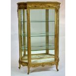 19th century French giltwood painted china cabinet, having honey color marble top, 58" x 38" x 15".