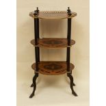 Napoleon III marquetry and ebonized wood three-tiered what-not table, 33" H x 16 1/2" W x 12 1/2"