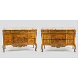 Pair of late 19th century Louis XVI-style marquetry inlaid chests, having ormolu bronze mounts,