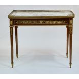 19th century French library table, having ormolu bronze mounts, grey and white marble top, single