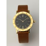 18k yellow gold Bulgari black dial quartz watch, BB 33 GL, with calf leather strap, 33mm case.