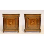 Pair of 19th century French cabinets, having fine inlay, bronze mounts, grey and white marble, 42" x