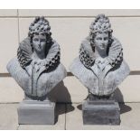 Pair of Elizabethan-style garden busts, 45" x 27.