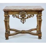 18th century Italian carved walnut center table with original rose and marble top, 31" H x 39 1/2" x