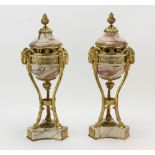 Pair of mid to late 19th century French covered urns, gilt bronze with rose and white marble, 19"