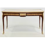19th century French writing table with ormolu mounts, having rose, cream and white marble top, 30