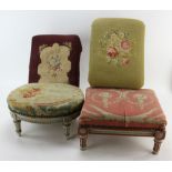 Group of three needlepoint footstools, including: rectangular footstool, 10 1/4" H x 14 1/4" W x 11"