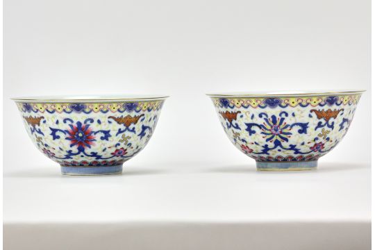 Pair of Chinese doucai-glazed porcelain bowls with interior bats and exterior flowers design, - Image 2 of 4