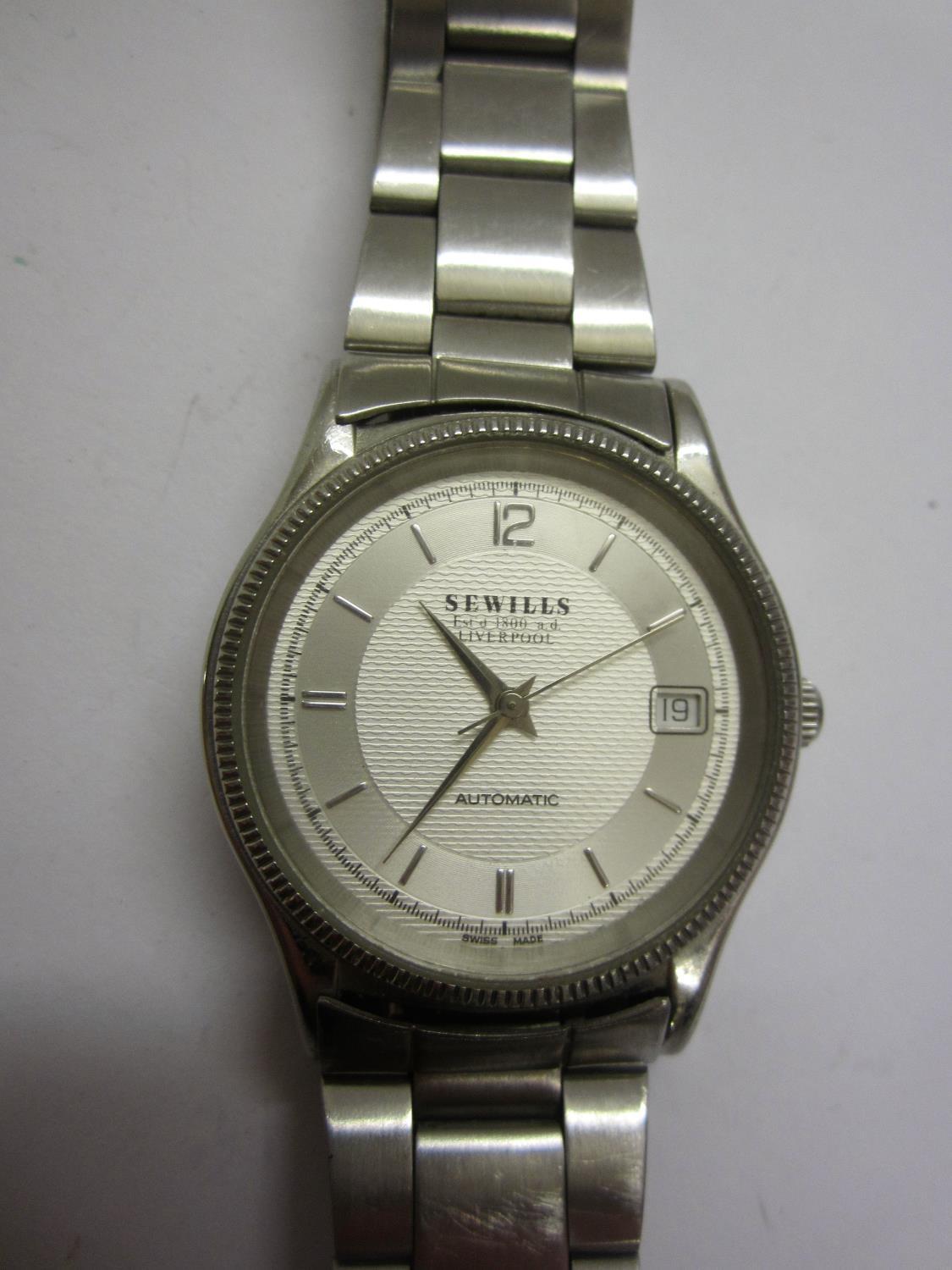 Gents Stainless Steel Sewills Automatic Wristwatch with silvered dial, 12 & baton markers, date - Image 3 of 5