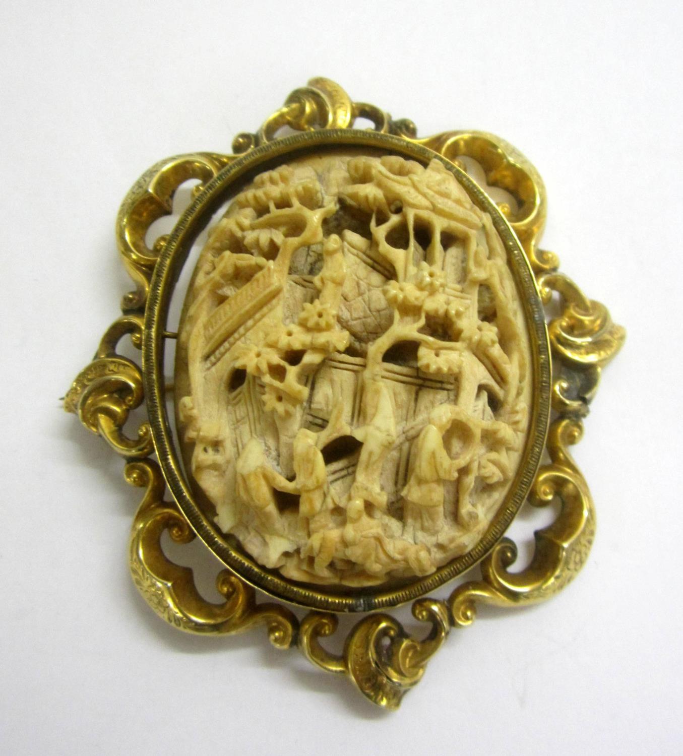 C19th Victorian Chinese (Cantonese) Ivory Carved Brooch, deep relief figures on the veranda,