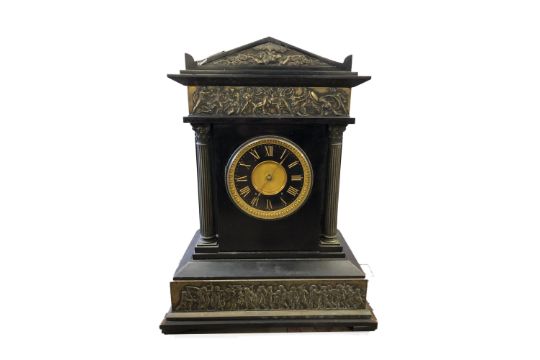 Victorian Slate & Marble Mantel Clock on ebonised wooden stand, decorated with continuous band of - Image 1 of 3