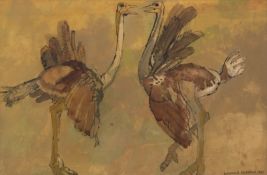 AR LEONARD ROSSOMAN, OBE, RA (1913-2012) "Ostriches meeting" pen, ink and watercolour, signed and