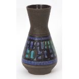 Austrian Pottery vase with a blue and green chequered design on a black ground, 30cms high