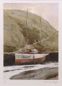 AR NORMAN SAYLE (1926-2007) Moored boat coloured print, signed and numbered 10/395 in pencil to