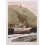 AR NORMAN SAYLE (1926-2007) Moored boat coloured print, signed and numbered 10/395 in pencil to