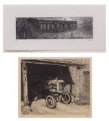 AR N WARD (20th century) Tractor in a shed black and white etching, signed, dated 89 and numbered