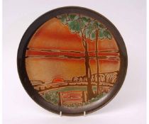 Poole Potter Aegean dish with landscape pattern, marked E H to the base, 32cms diam