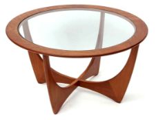 G-Plan Astro teak circular coffee table with inset glass top, 84cms diam