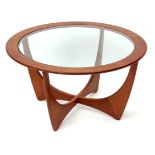 G-Plan Astro teak circular coffee table with inset glass top, 84cms diam