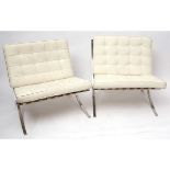 Pair of Barcelona style chairs, chromium frames with white leather upholstered padded seats, 78cms
