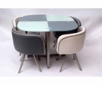 Modern glass topped table and four chairs, grey and white check design with two grey and two white