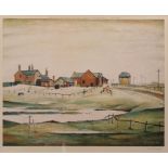 AR LAWRENCE STEPHEN LOWRY, RA (1887-1976) "Landscape with farm buildings" coloured print,