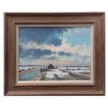 IAN HOUSTON (born 1934) "Melton snow at Thornham Creek" mixed media on board, signed lower left 29 x