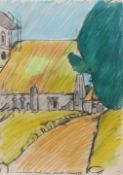 AR JOHN BRATBY, RA (1928-1992) "1100-1400 AD Icklesham Church, Sussex" pencil and crayon, signed,