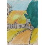 AR JOHN BRATBY, RA (1928-1992) "1100-1400 AD Icklesham Church, Sussex" pencil and crayon, signed,