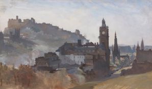 AR CHARLES ERNEST CUNDALL, RA, RWS, (1890-1971) "Edinburgh" oil on paper, unsigned but with
