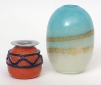 Two Studio Glass vases, one with a blue green design, the other with an orange glaze and applied