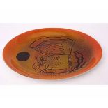 Poole Pottery Aegean oval shaped charger decorated with an owl, in typical colours