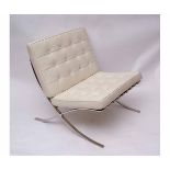 Pair of Barcelona style chairs, chromium frames with white leather upholstered padded seats, 78cms