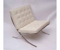 Pair of Barcelona style chairs, chromium frames with white leather upholstered padded seats, 78cms