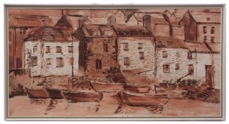 AR FRED YATES (1922-2008) Cornish harbour oil on board, signed lower left 60 x 120cms