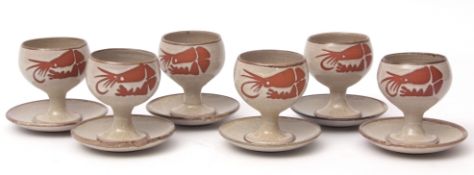 Group of six Welhouse goblets and saucers, with a brown design on a stippled grey ground, 12cms high