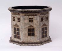 Egg-shell decorated octagonal paper mache jardiniere, in the style of Fornicetti, with house design,