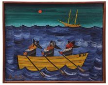 AR ANDRZEJ KUHN (1929-2014) "Three men in a boat" oil on canvas, signed lower left 41 x 51cms