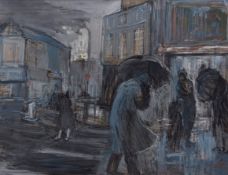 AR ANN VANE WRIGHT (20th century) "Bromley High Street in the rain" mixed media 46 x 60cms