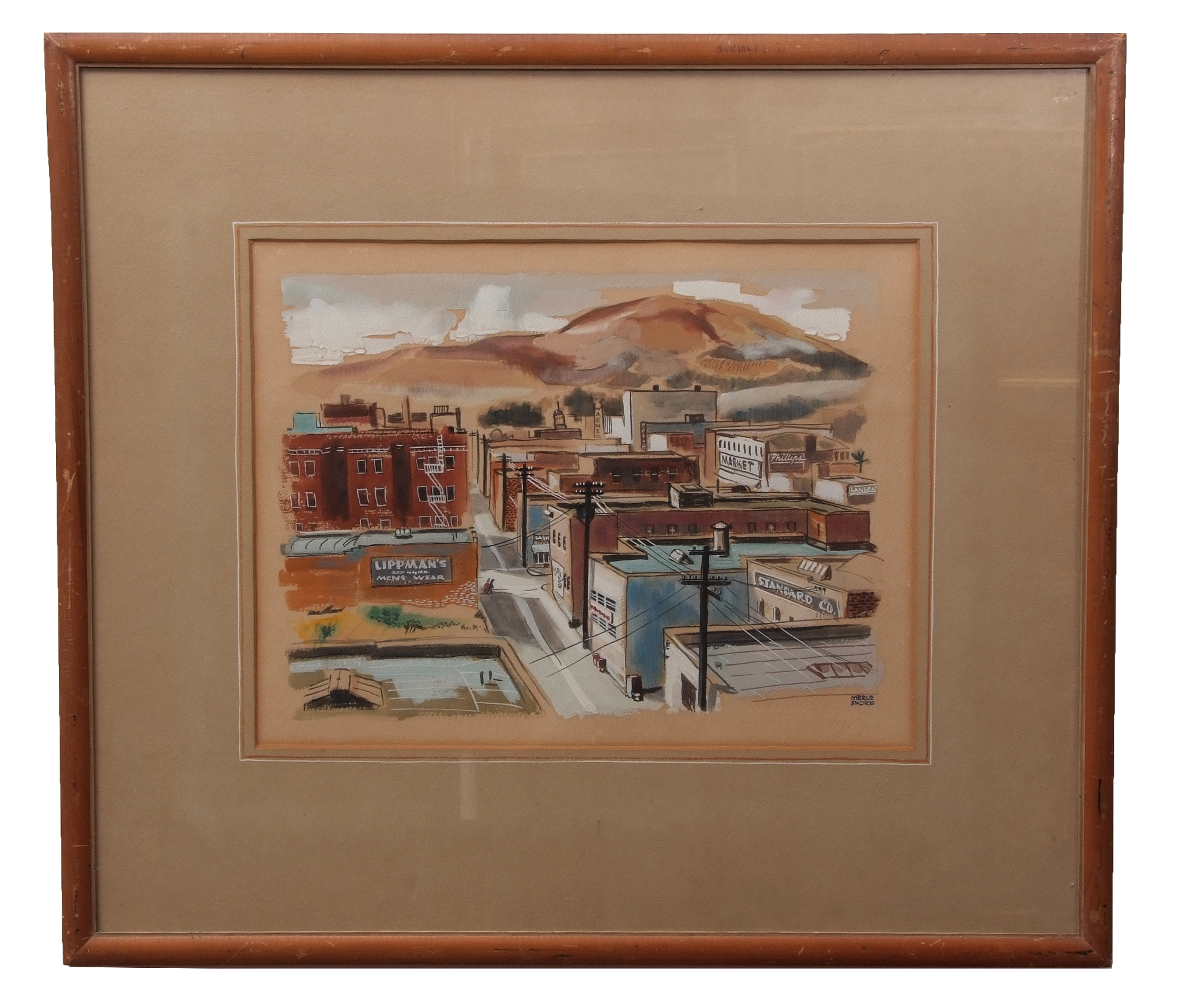 AR MERLE SHORE (20th century) Cityscape, probably American gouache, signed lower right 36 x 48cms - Image 2 of 2