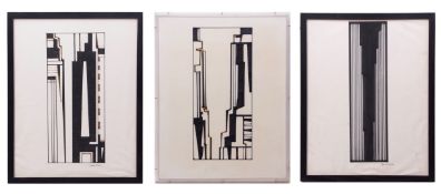 AR DAVID CARR (1915-1968) New York Skylines group of three mixed medias all signed, assorted