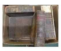 Two boxes Victorian family Bibles + others